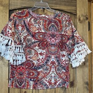 SHEIN Multicolor Paisley Blouse with Tassel Trim
